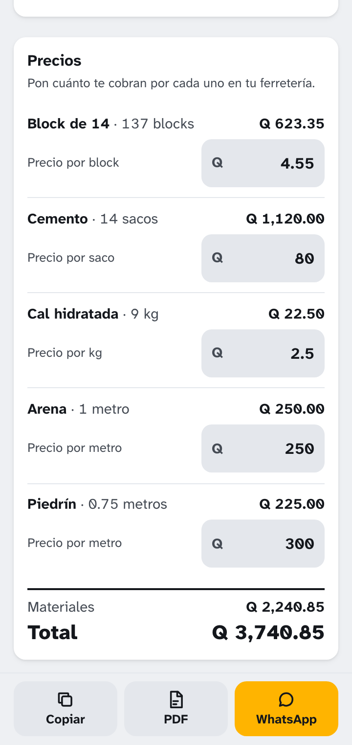 Precios de la cotización en la app: precio por block, por saco y subtotal