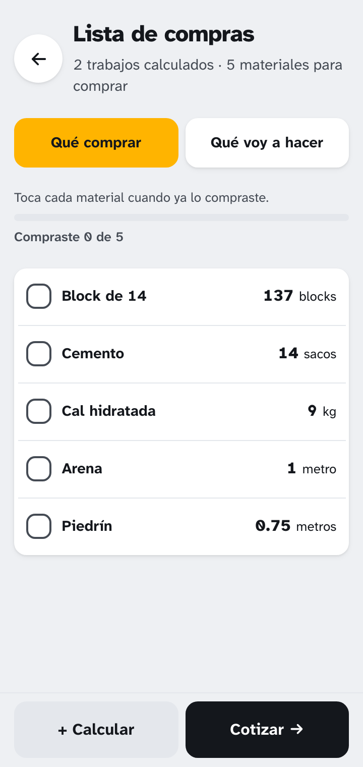 Lista de compras en la app: block, cemento, cal, arena y piedrín para tachar
