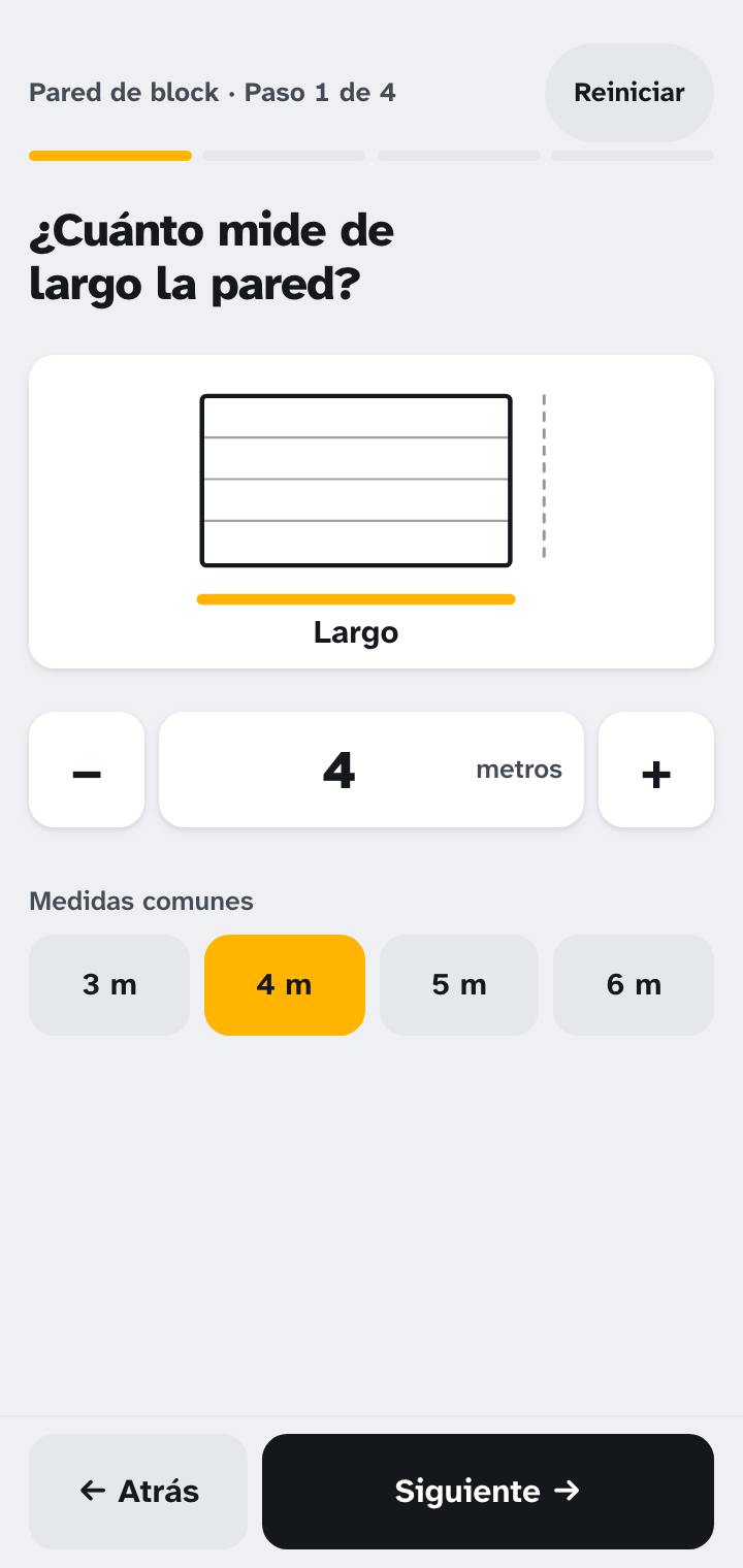 Pantalla de la app que pregunta cuánto mide de largo la pared, con un dibujo