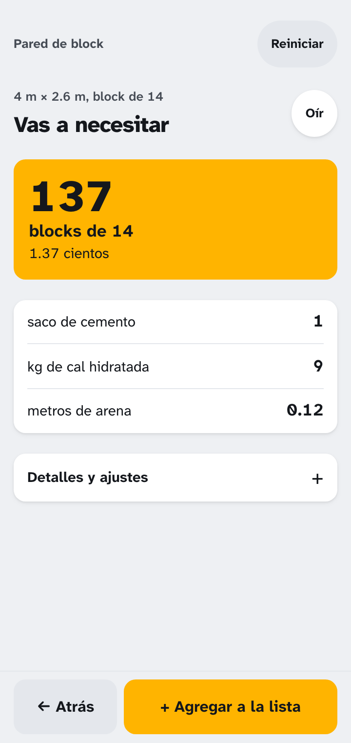 Resultado en la app: 137 blocks de 14, sacos de cemento, cal y arena